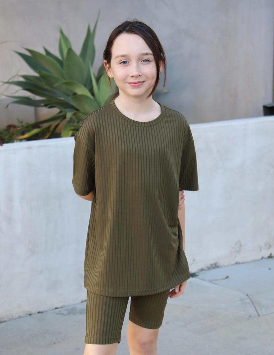 image:imageArshiner Girls Summer Outfits 2 Piece Set Ribbed Knit Drop Shoulder Shirts and Biker Shorts Sets Kids Clothes 513 YArmy Green