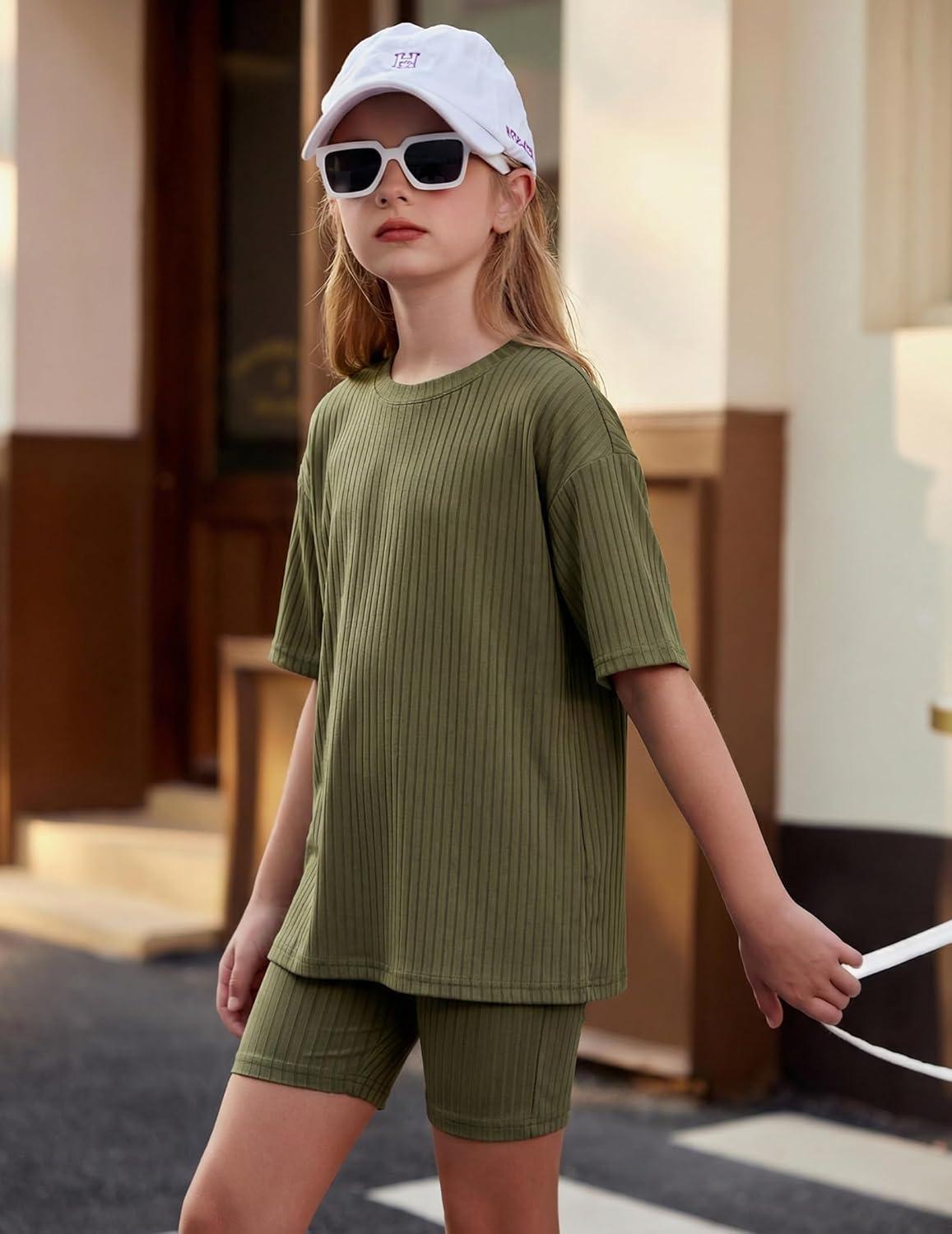 image:imageArshiner Girls Summer Outfits 2 Piece Set Ribbed Knit Drop Shoulder Shirts and Biker Shorts Sets Kids Clothes 513 YArmy Green