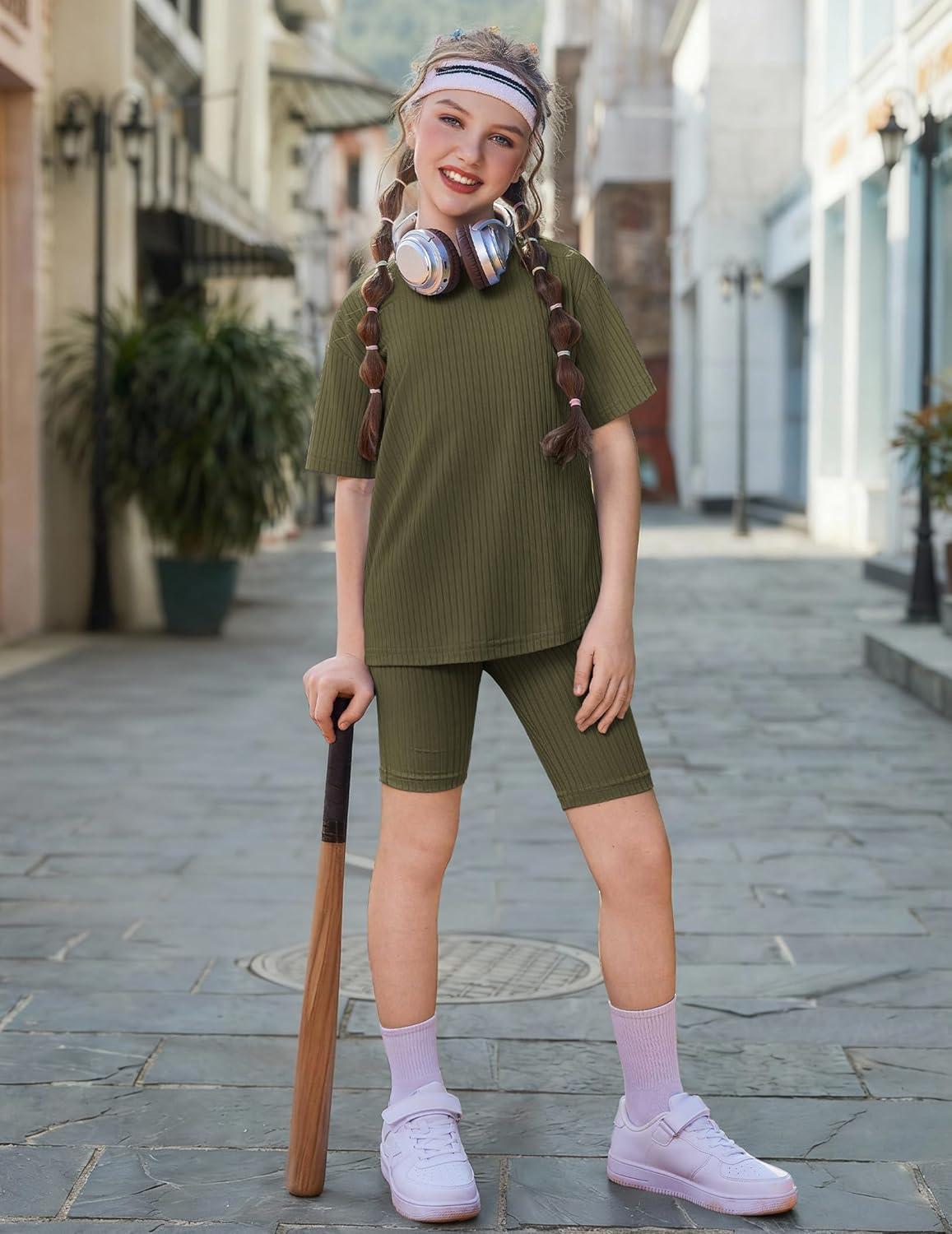 image:imageArshiner Girls Summer Outfits 2 Piece Set Ribbed Knit Drop Shoulder Shirts and Biker Shorts Sets Kids Clothes 513 YArmy Green