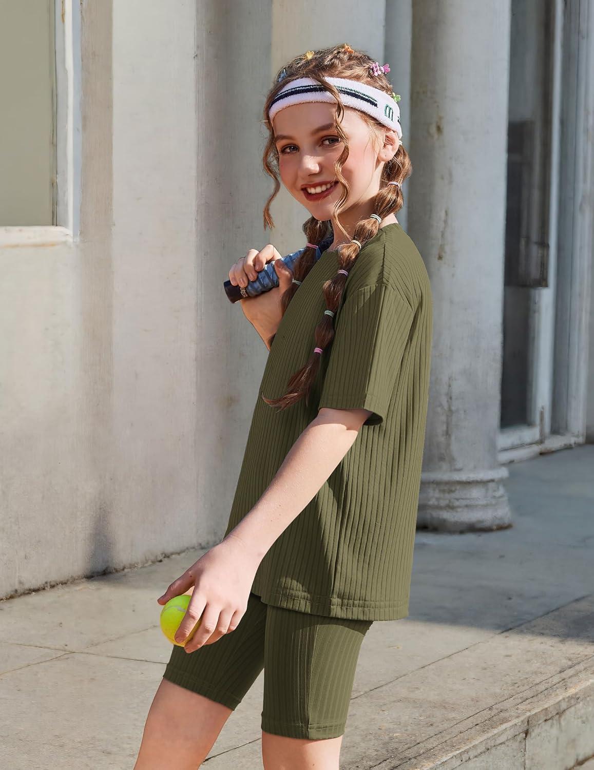 image:imageArshiner Girls Summer Outfits 2 Piece Set Ribbed Knit Drop Shoulder Shirts and Biker Shorts Sets Kids Clothes 513 YArmy Green