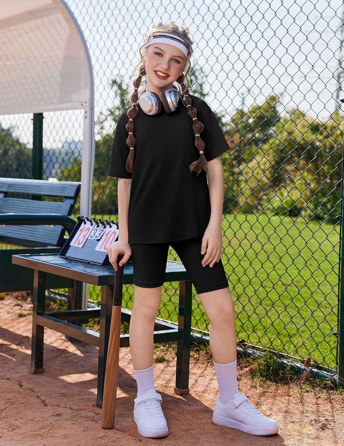 image:imageArshiner Girls Summer Outfits 2 Piece Set Ribbed Knit Drop Shoulder Shirts and Biker Shorts Sets Kids Clothes 513 YBlack