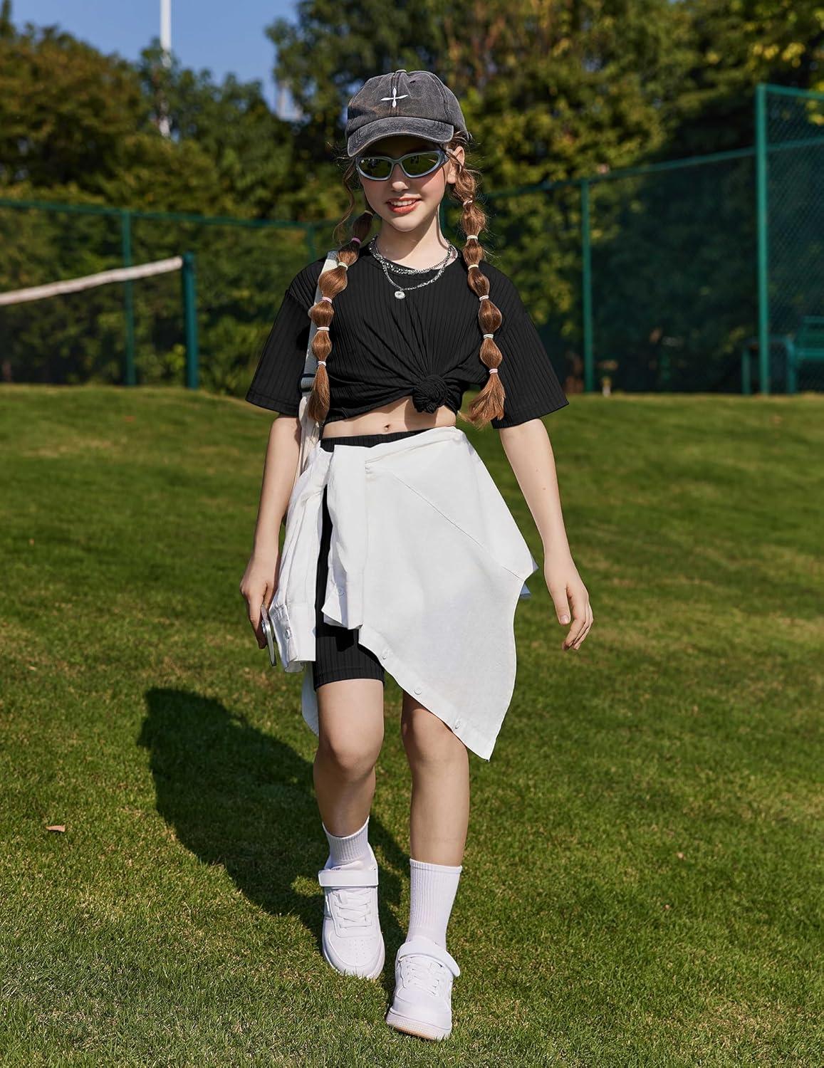 image:imageArshiner Girls Summer Outfits 2 Piece Set Ribbed Knit Drop Shoulder Shirts and Biker Shorts Sets Kids Clothes 513 YBlack