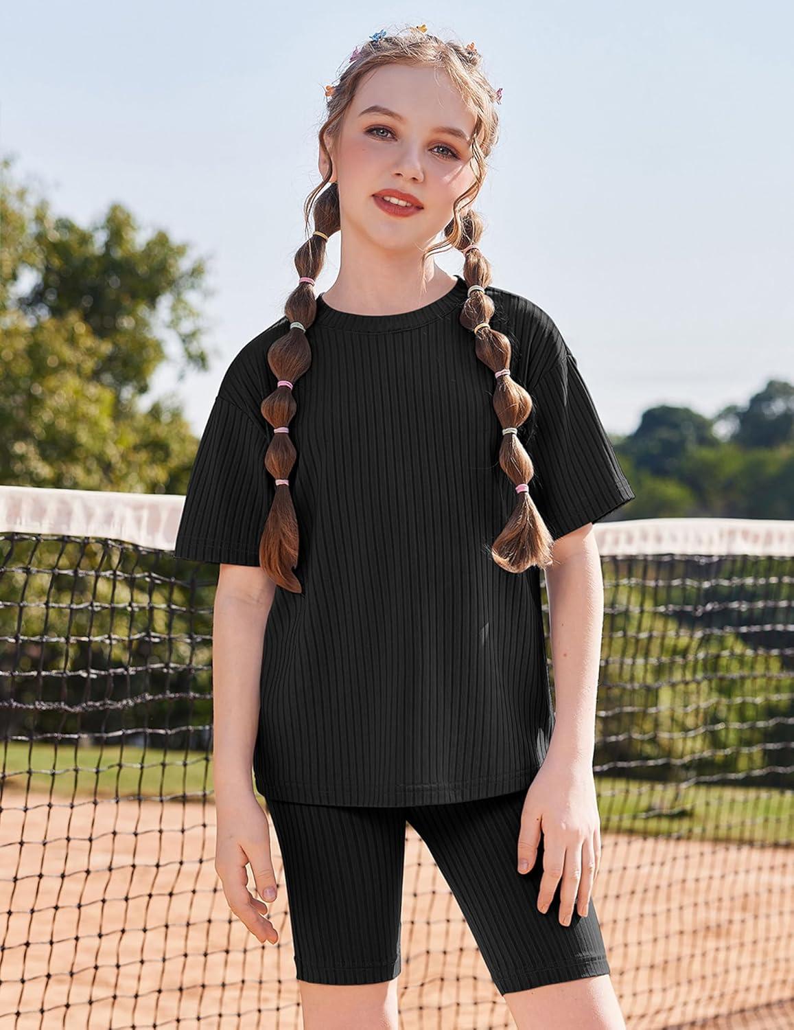 image:imageArshiner Girls Summer Outfits 2 Piece Set Ribbed Knit Drop Shoulder Shirts and Biker Shorts Sets Kids Clothes 513 YBlack
