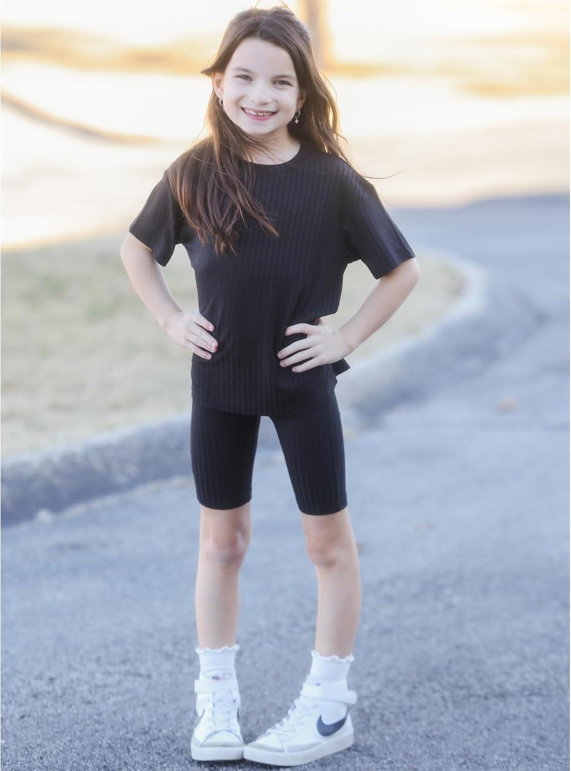 image:imageArshiner Girls Summer Outfits 2 Piece Set Ribbed Knit Drop Shoulder Shirts and Biker Shorts Sets Kids Clothes 513 YBlack