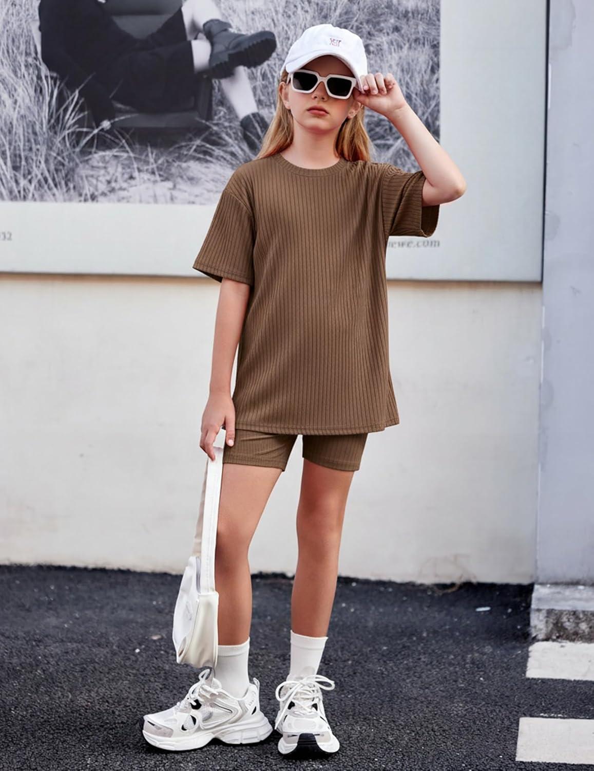 image:imageArshiner Girls Summer Outfits 2 Piece Set Ribbed Knit Drop Shoulder Shirts and Biker Shorts Sets Kids Clothes 513 YBrown