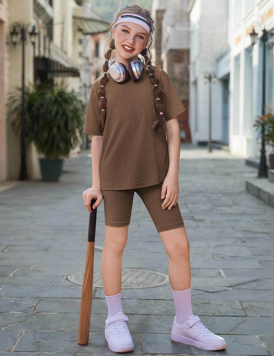 image:imageArshiner Girls Summer Outfits 2 Piece Set Ribbed Knit Drop Shoulder Shirts and Biker Shorts Sets Kids Clothes 513 YBrown