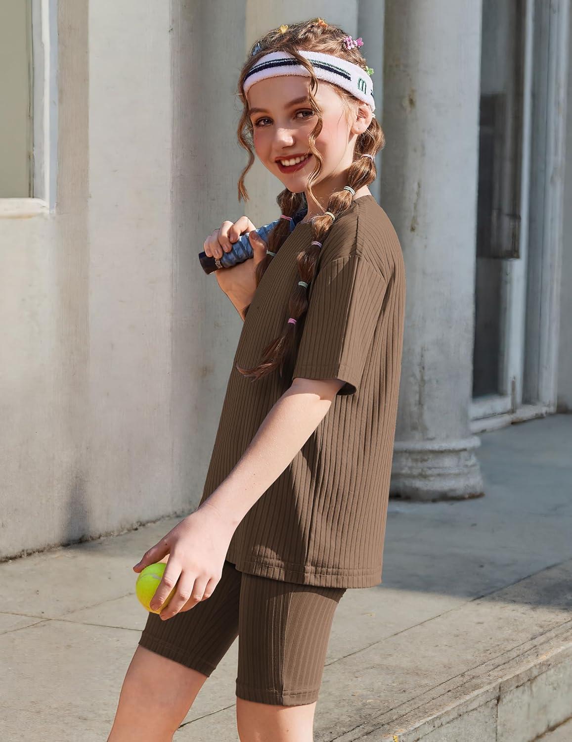 image:imageArshiner Girls Summer Outfits 2 Piece Set Ribbed Knit Drop Shoulder Shirts and Biker Shorts Sets Kids Clothes 513 YBrown