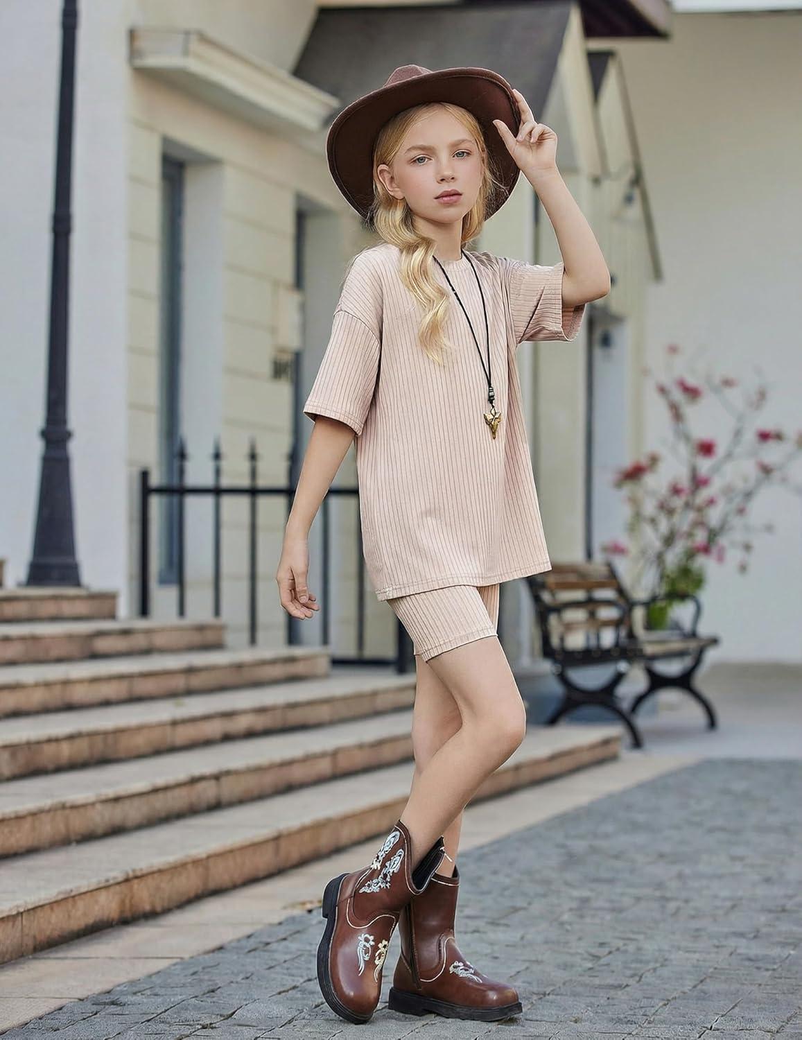 image:imageArshiner Girls Summer Outfits 2 Piece Set Ribbed Knit Drop Shoulder Shirts and Biker Shorts Sets Kids Clothes 513 YKhaki