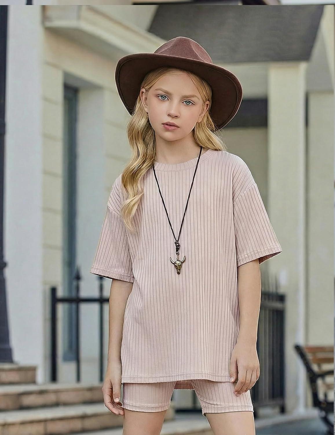 image:imageArshiner Girls Summer Outfits 2 Piece Set Ribbed Knit Drop Shoulder Shirts and Biker Shorts Sets Kids Clothes 513 YKhaki
