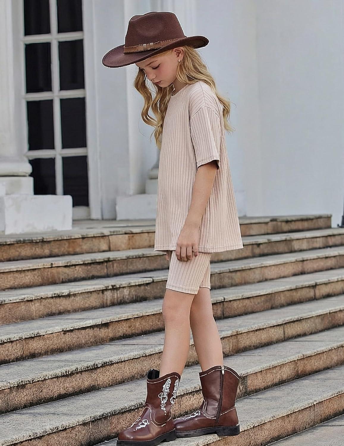 image:imageArshiner Girls Summer Outfits 2 Piece Set Ribbed Knit Drop Shoulder Shirts and Biker Shorts Sets Kids Clothes 513 YKhaki