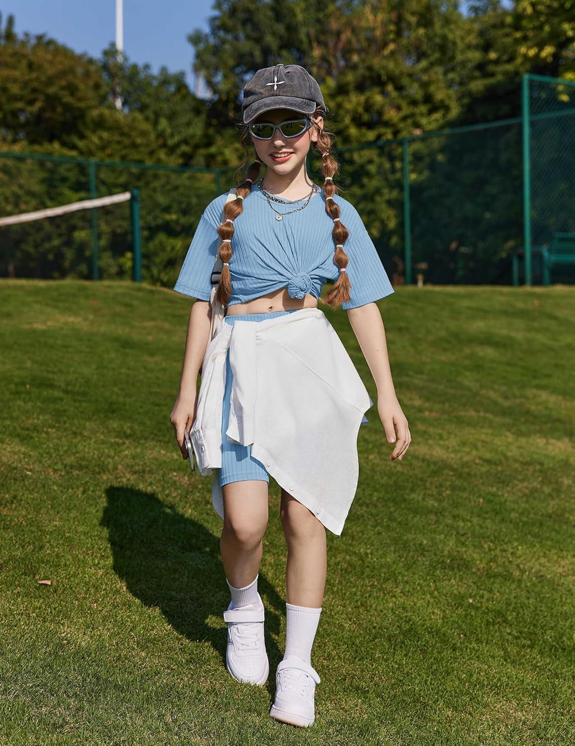 image:imageArshiner Girls Summer Outfits 2 Piece Set Ribbed Knit Drop Shoulder Shirts and Biker Shorts Sets Kids Clothes 513 YLight Blue