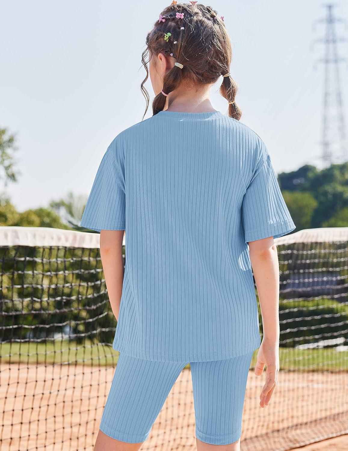 image:imageArshiner Girls Summer Outfits 2 Piece Set Ribbed Knit Drop Shoulder Shirts and Biker Shorts Sets Kids Clothes 513 YLight Blue