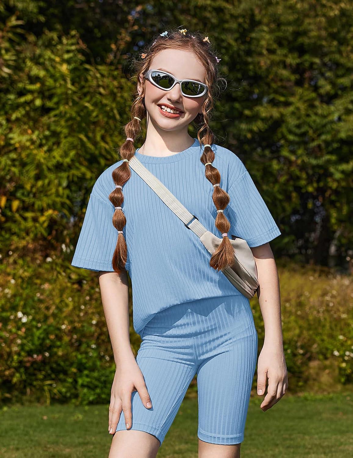 image:imageArshiner Girls Summer Outfits 2 Piece Set Ribbed Knit Drop Shoulder Shirts and Biker Shorts Sets Kids Clothes 513 YLight Blue