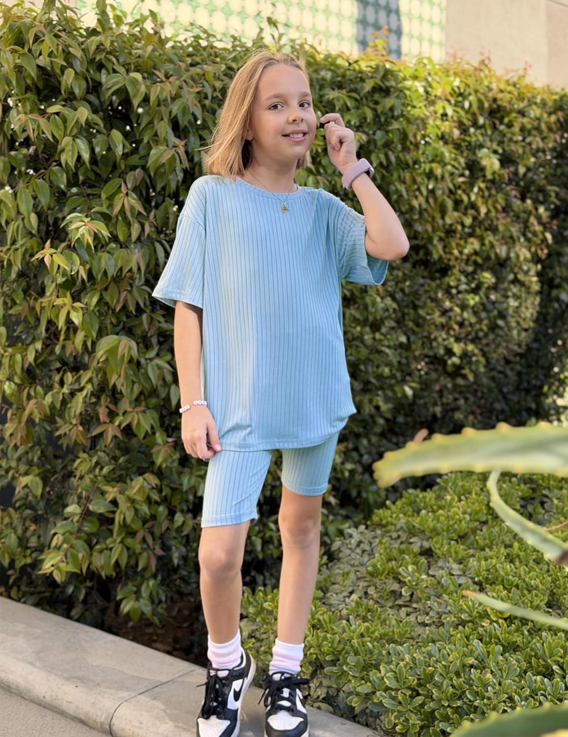 image:imageArshiner Girls Summer Outfits 2 Piece Set Ribbed Knit Drop Shoulder Shirts and Biker Shorts Sets Kids Clothes 513 YLight Blue