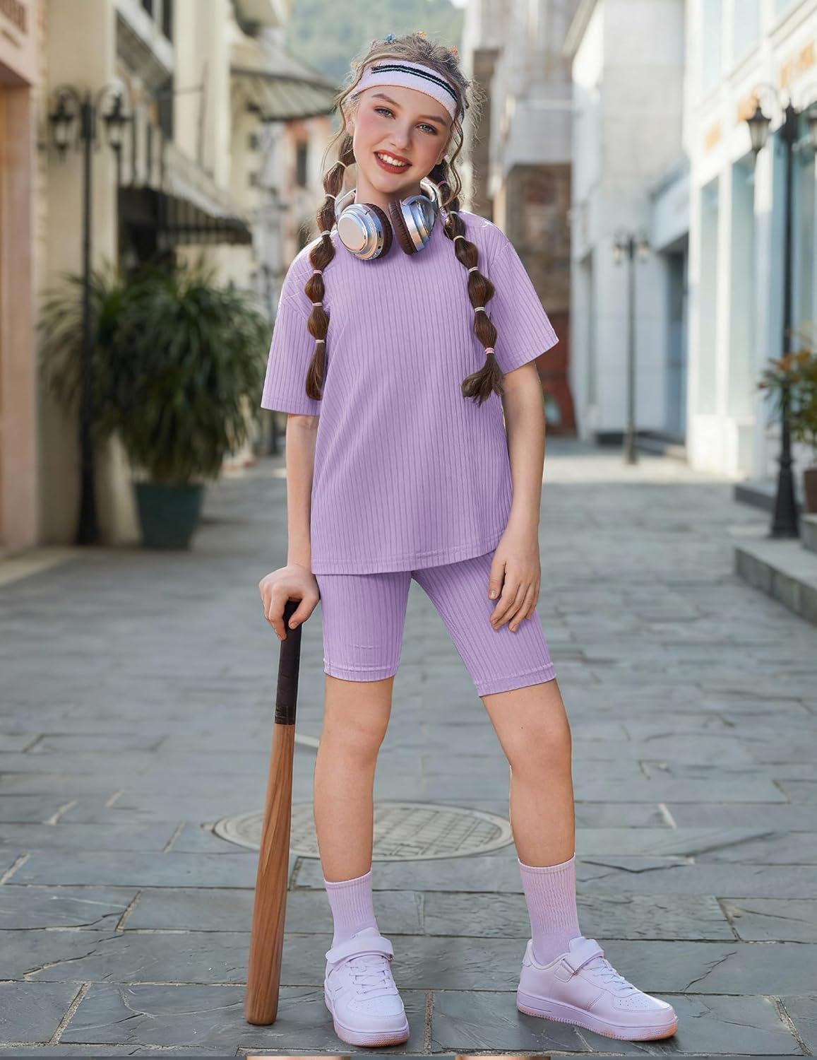 image:imageArshiner Girls Summer Outfits 2 Piece Set Ribbed Knit Drop Shoulder Shirts and Biker Shorts Sets Kids Clothes 513 YLilac