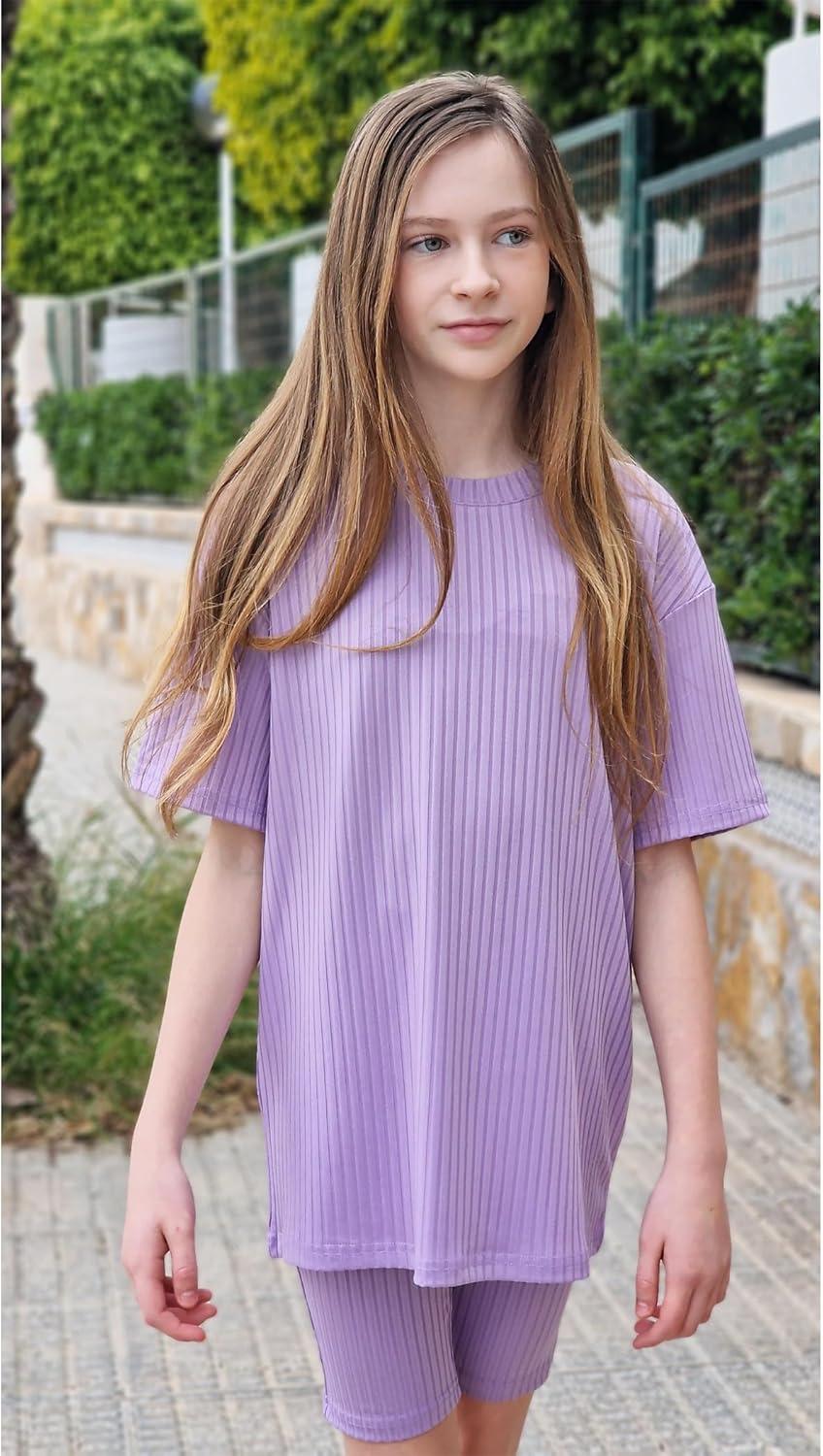 image:imageArshiner Girls Summer Outfits 2 Piece Set Ribbed Knit Drop Shoulder Shirts and Biker Shorts Sets Kids Clothes 513 YLilac