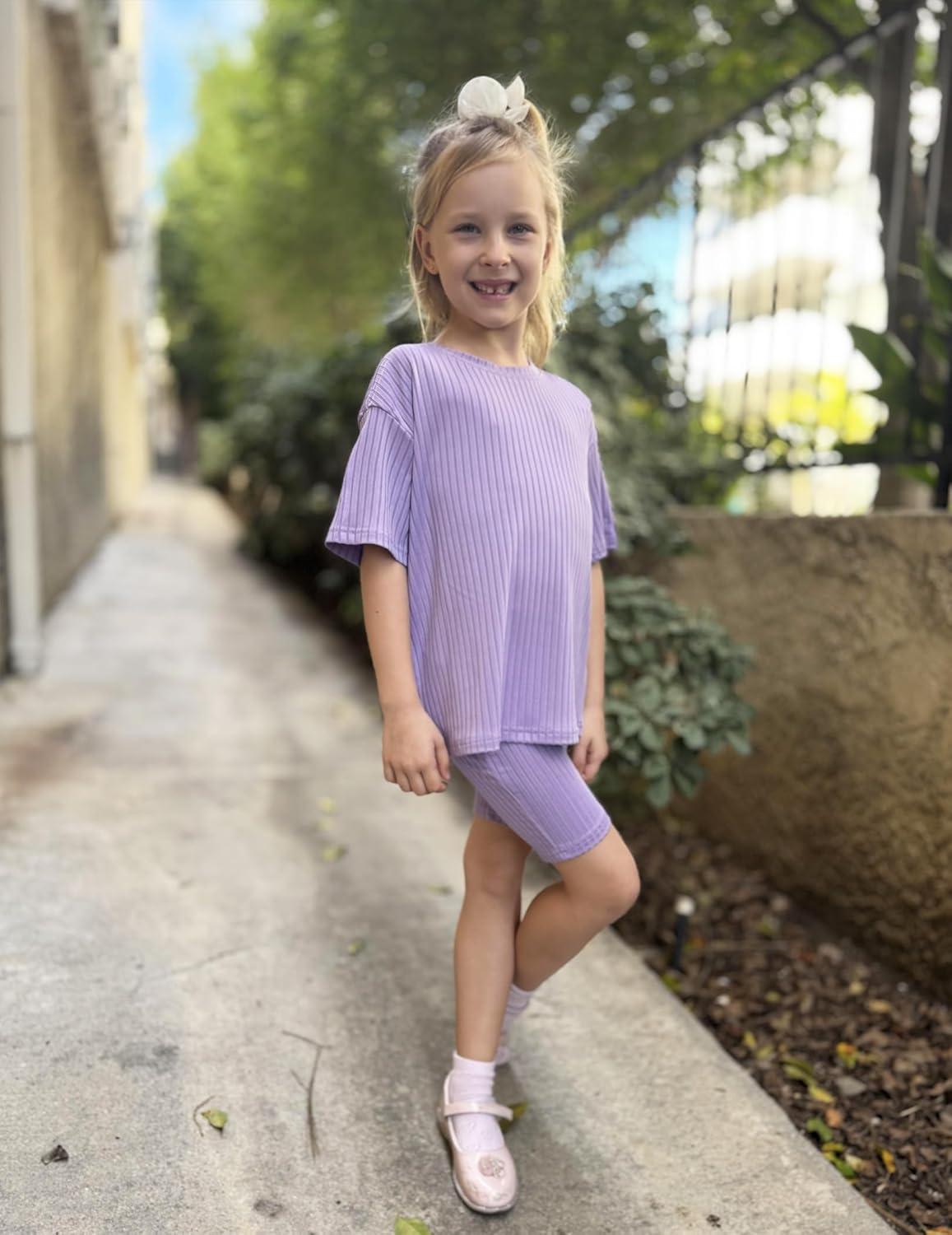 image:imageArshiner Girls Summer Outfits 2 Piece Set Ribbed Knit Drop Shoulder Shirts and Biker Shorts Sets Kids Clothes 513 YLilac