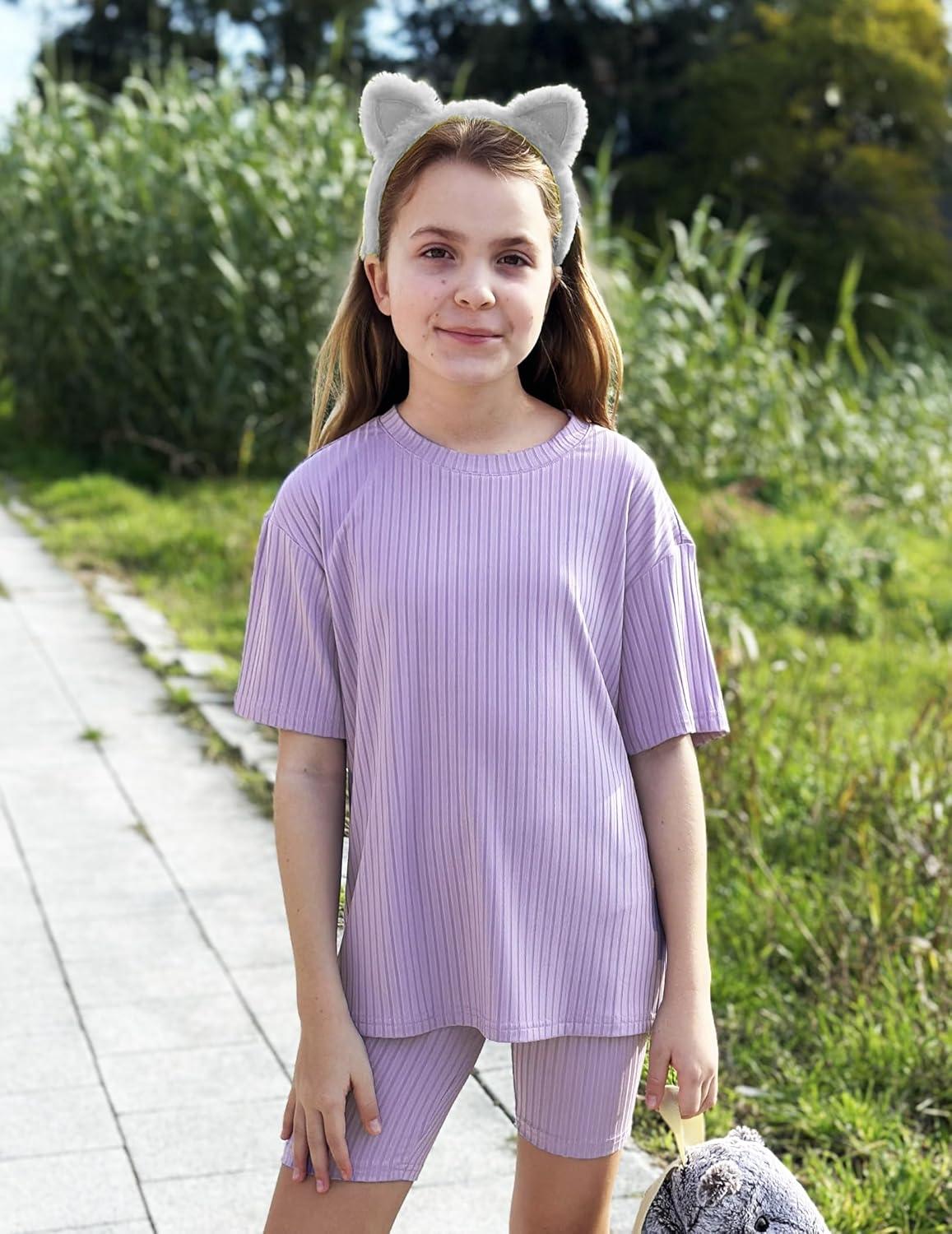 image:imageArshiner Girls Summer Outfits 2 Piece Set Ribbed Knit Drop Shoulder Shirts and Biker Shorts Sets Kids Clothes 513 YLilac