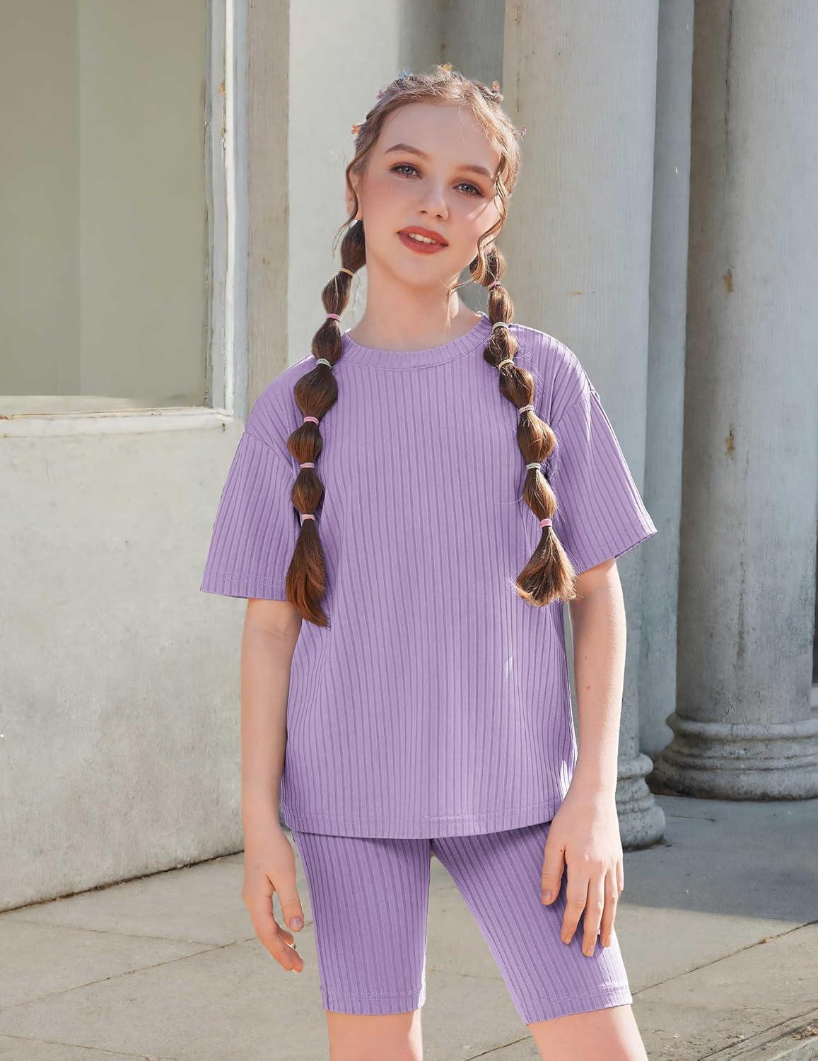 image:imageArshiner Girls Summer Outfits 2 Piece Set Ribbed Knit Drop Shoulder Shirts and Biker Shorts Sets Kids Clothes 513 YLilac