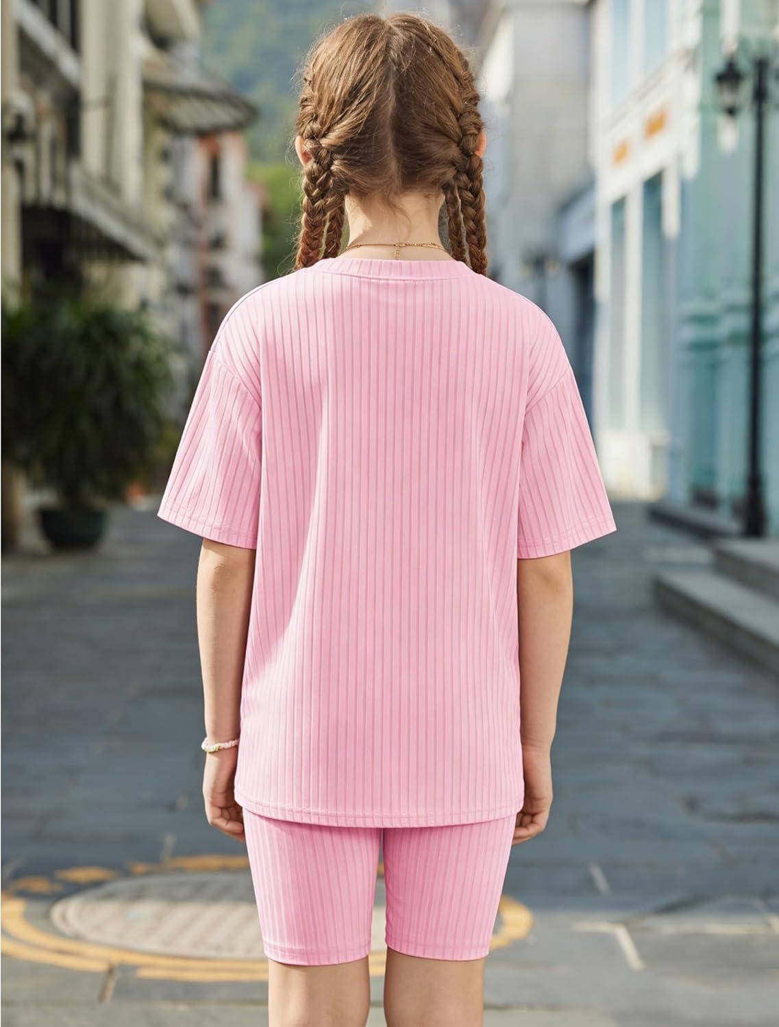 image:imageArshiner Girls Summer Outfits 2 Piece Set Ribbed Knit Drop Shoulder Shirts and Biker Shorts Sets Kids Clothes 513 YPink