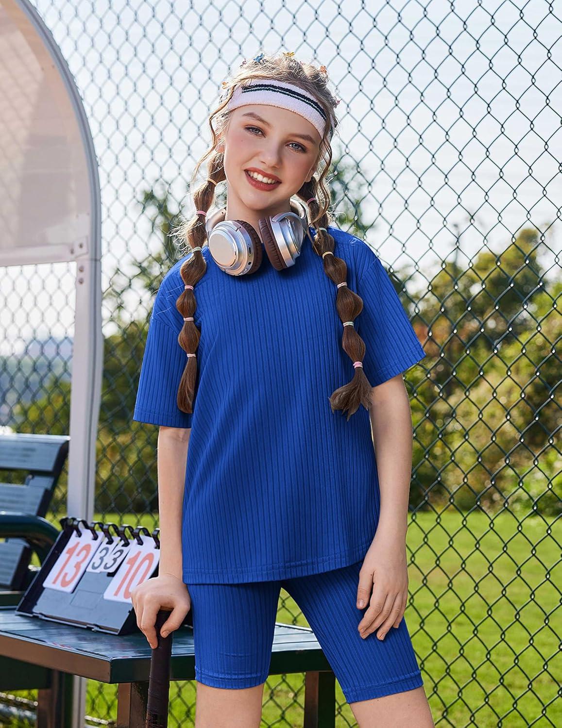 image:imageArshiner Girls Summer Outfits 2 Piece Set Ribbed Knit Drop Shoulder Shirts and Biker Shorts Sets Kids Clothes 513 YRoyal Blue