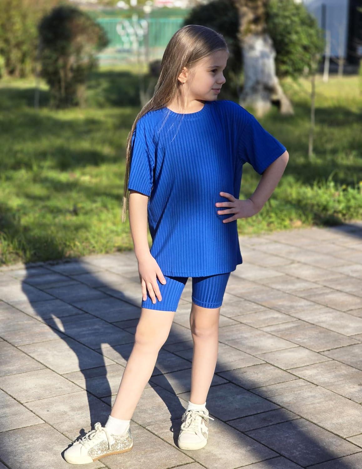 image:imageArshiner Girls Summer Outfits 2 Piece Set Ribbed Knit Drop Shoulder Shirts and Biker Shorts Sets Kids Clothes 513 YRoyal Blue