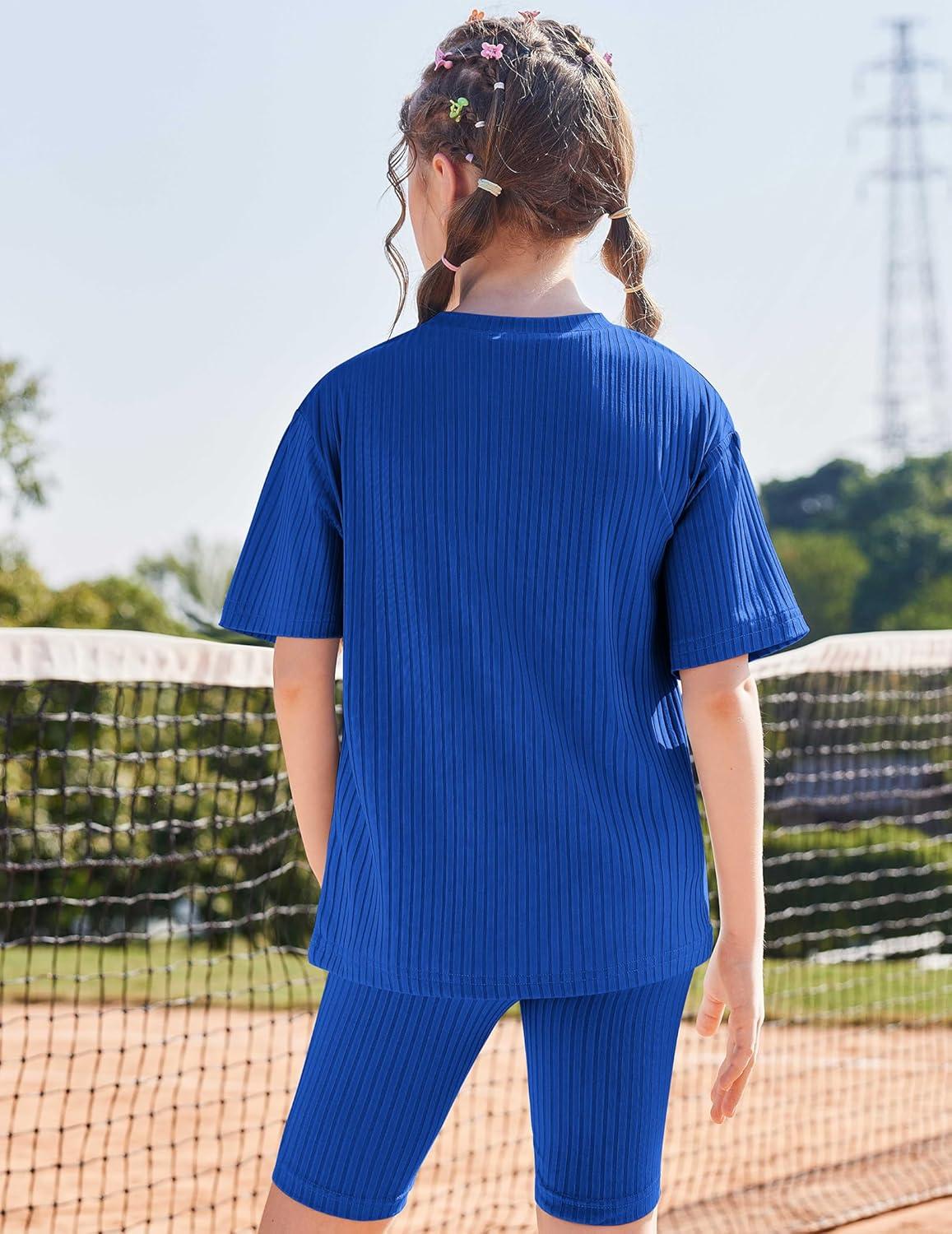 image:imageArshiner Girls Summer Outfits 2 Piece Set Ribbed Knit Drop Shoulder Shirts and Biker Shorts Sets Kids Clothes 513 YRoyal Blue