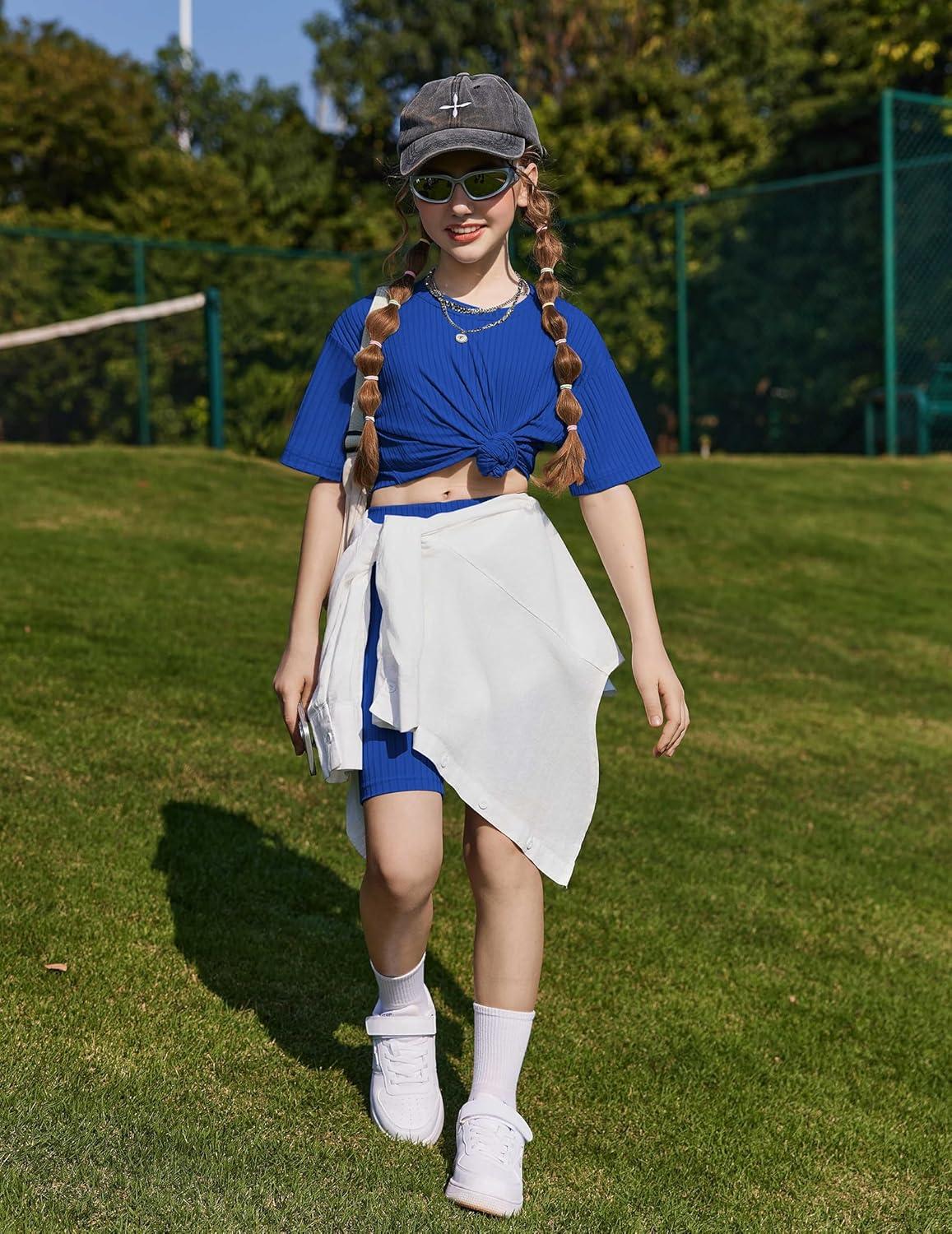 image:imageArshiner Girls Summer Outfits 2 Piece Set Ribbed Knit Drop Shoulder Shirts and Biker Shorts Sets Kids Clothes 513 YRoyal Blue