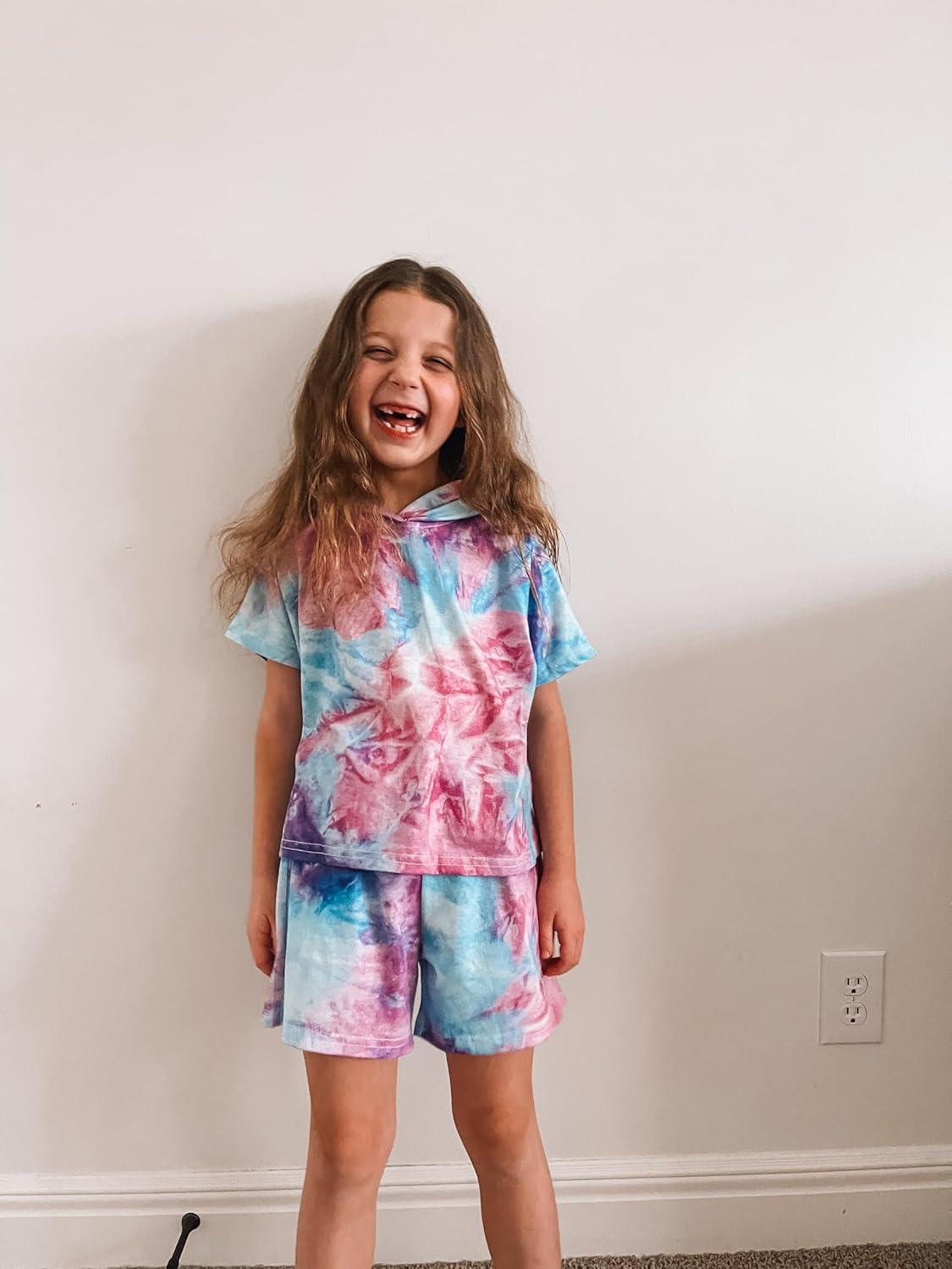 image:imageArshiner Girls Tie Dye Two Piece Outfit Short Sleeve Pullover Crop Tops and Short Pants Sweatsuits TracksuitsBluepurple
