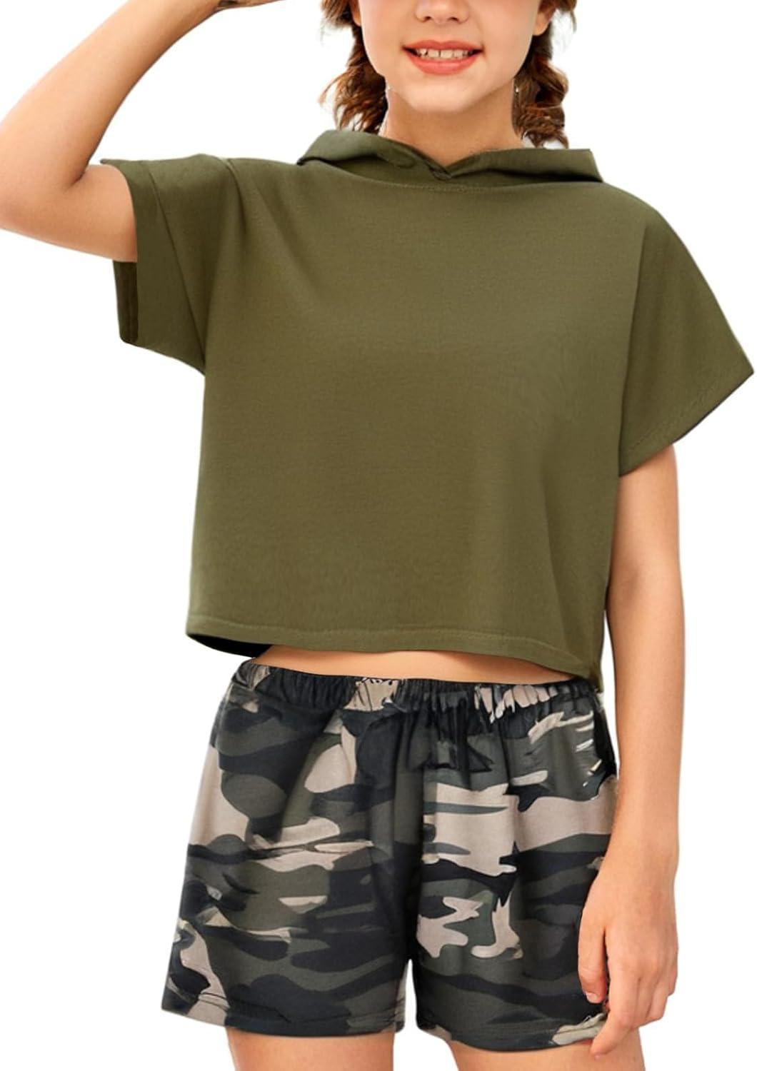 image:imageArshiner Girls Tie Dye Two Piece Outfit Short Sleeve Pullover Crop Tops and Short Pants Sweatsuits TracksuitsGreen Camo