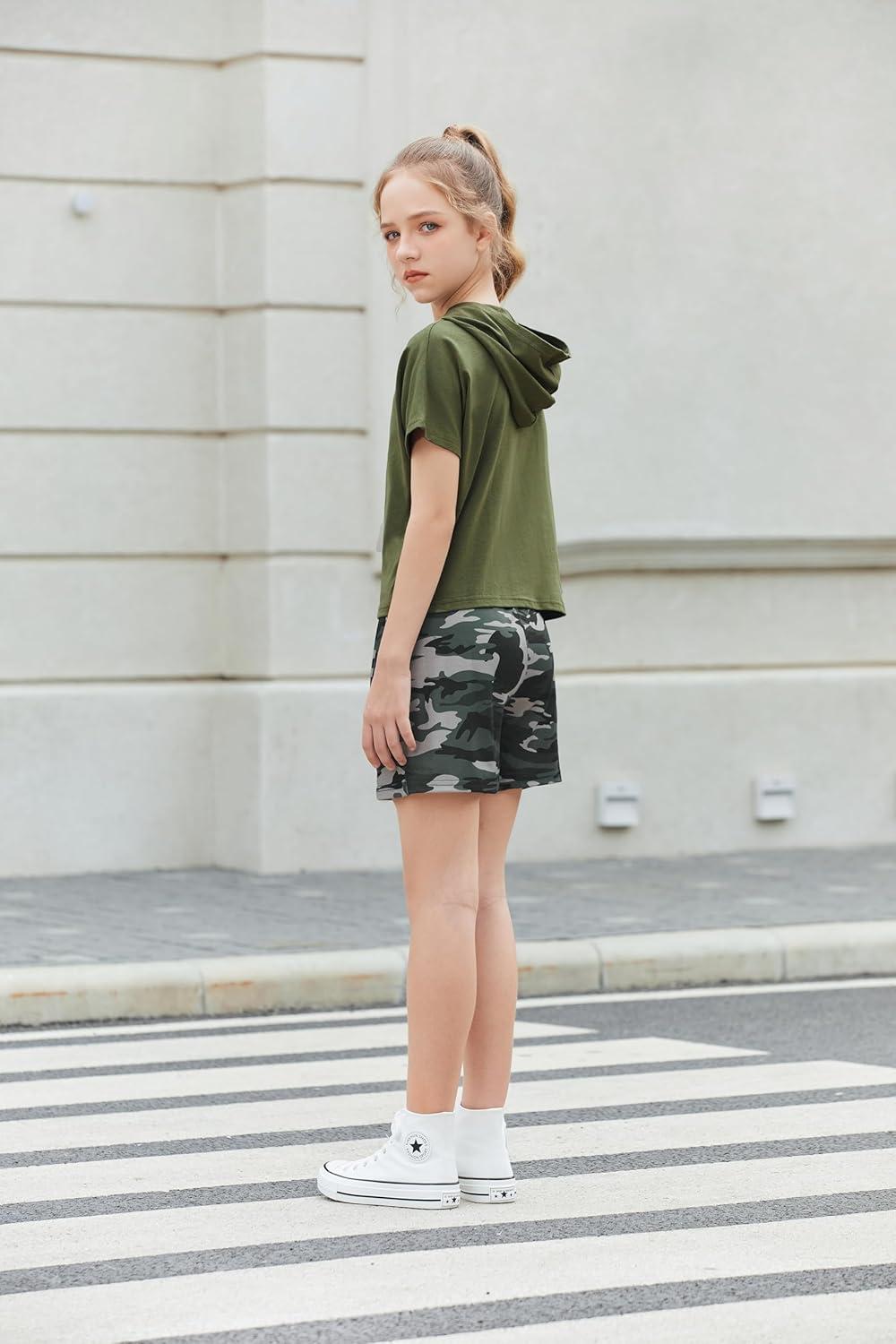 image:imageArshiner Girls Tie Dye Two Piece Outfit Short Sleeve Pullover Crop Tops and Short Pants Sweatsuits TracksuitsGreen Camo