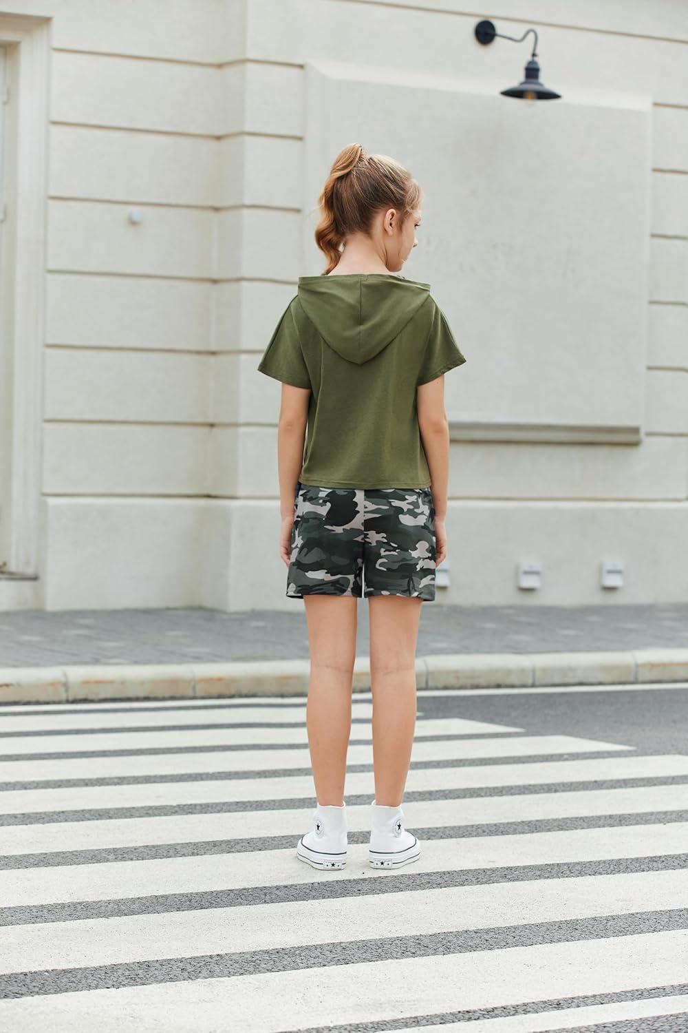 image:imageArshiner Girls Tie Dye Two Piece Outfit Short Sleeve Pullover Crop Tops and Short Pants Sweatsuits TracksuitsGreen Camo