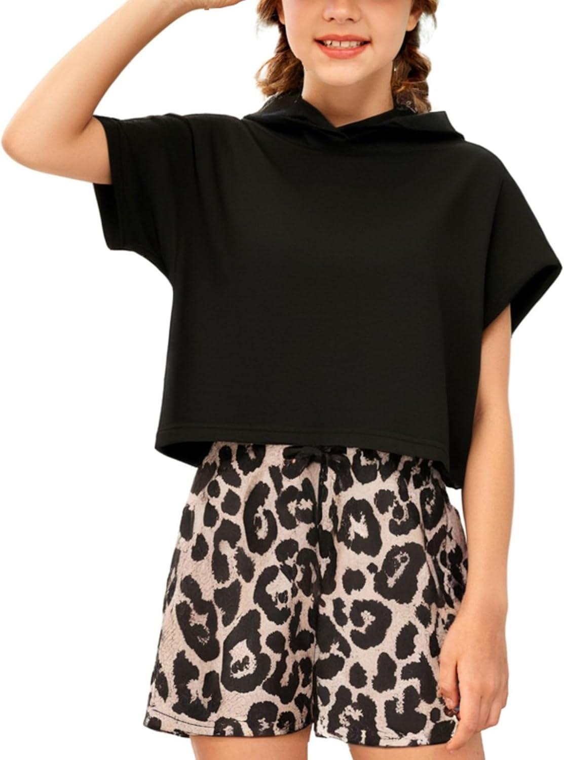 image:imageArshiner Girls Tie Dye Two Piece Outfit Short Sleeve Pullover Crop Tops and Short Pants Sweatsuits TracksuitsLeopard