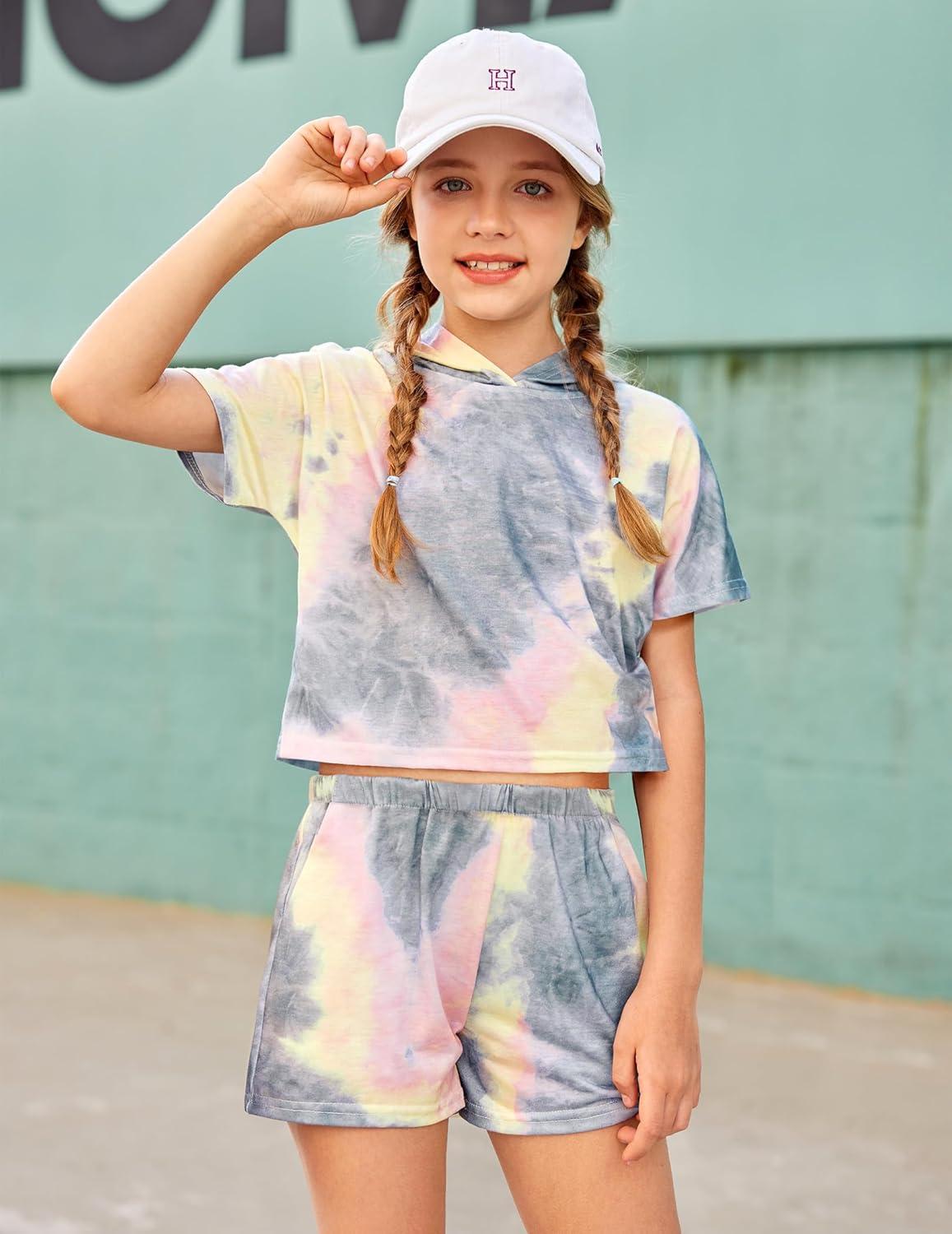 image:imageArshiner Girls Tie Dye Two Piece Outfit Short Sleeve Pullover Crop Tops and Short Pants Sweatsuits TracksuitsPinkgrey