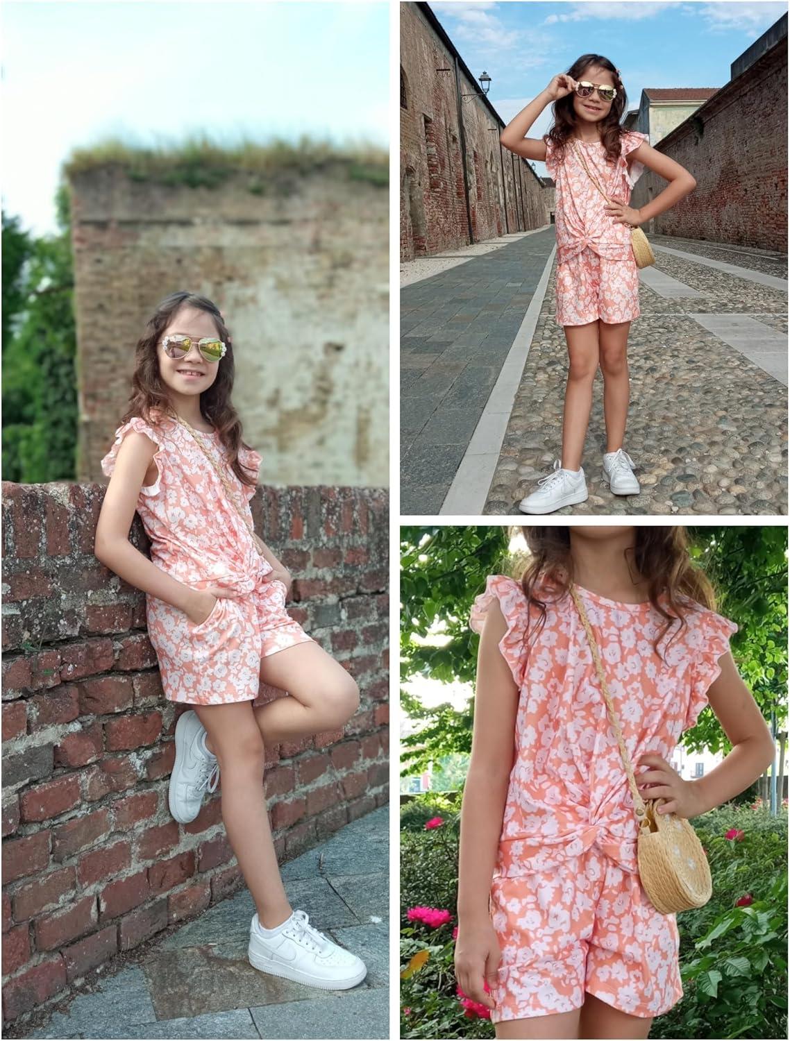 image:imageArshiner Toddler Girl 2 Piece Short Sets Baby Girls FloralPrint Clothes Twist Front Top and Short with Pocket Summer OutfitsOrange Floral