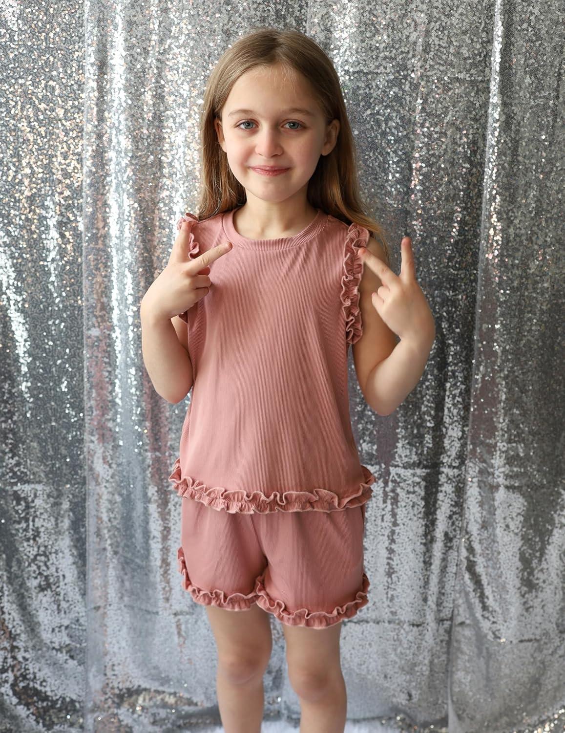 image:imageArshiner Toddler Girls Clothes Ribbed Knit Ruffle Sleeveless Tops and Shorts with Pockets Cute Summer 2 Pieces Short SetsPink