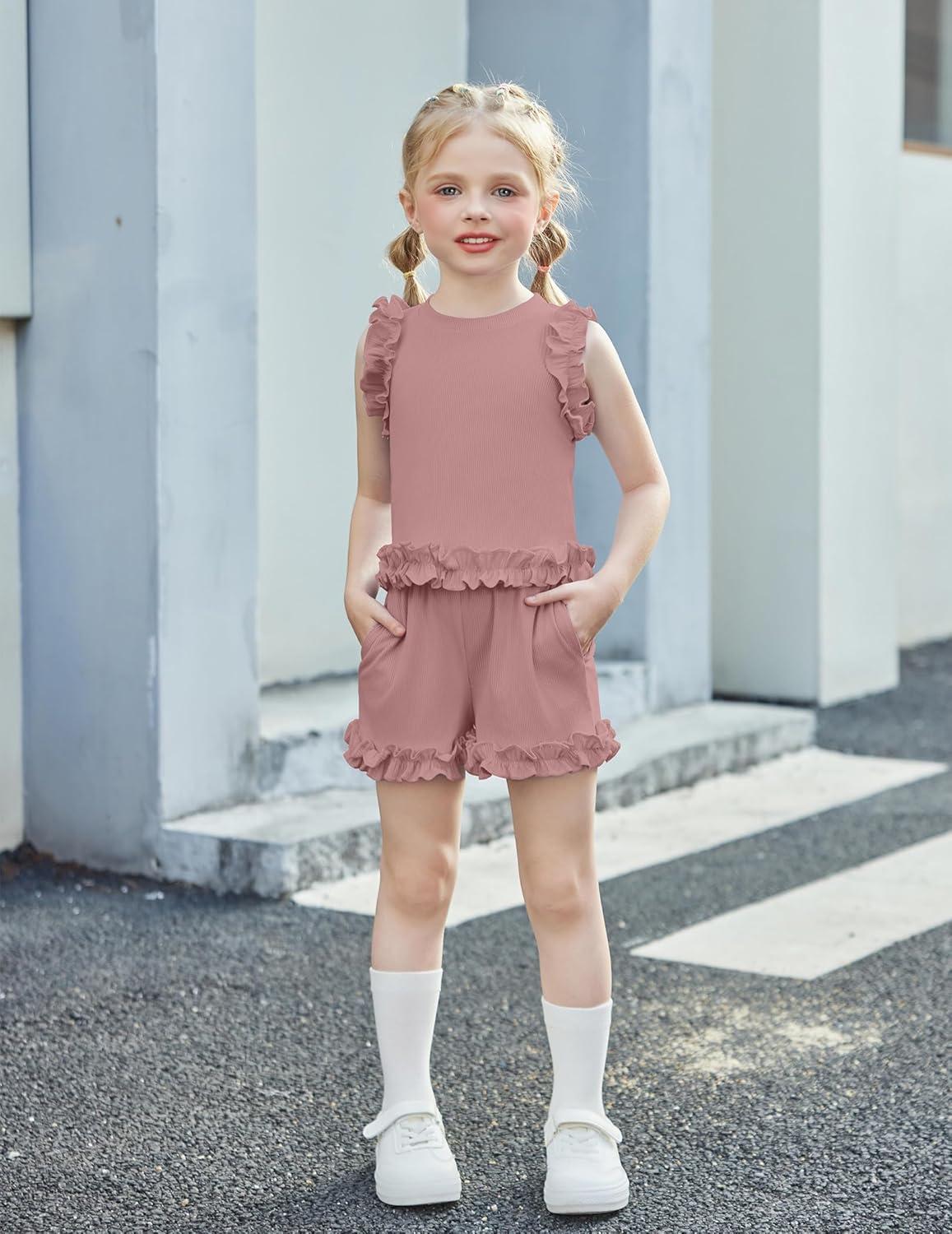 image:imageArshiner Toddler Girls Clothes Ribbed Knit Ruffle Sleeveless Tops and Shorts with Pockets Cute Summer 2 Pieces Short SetsPink