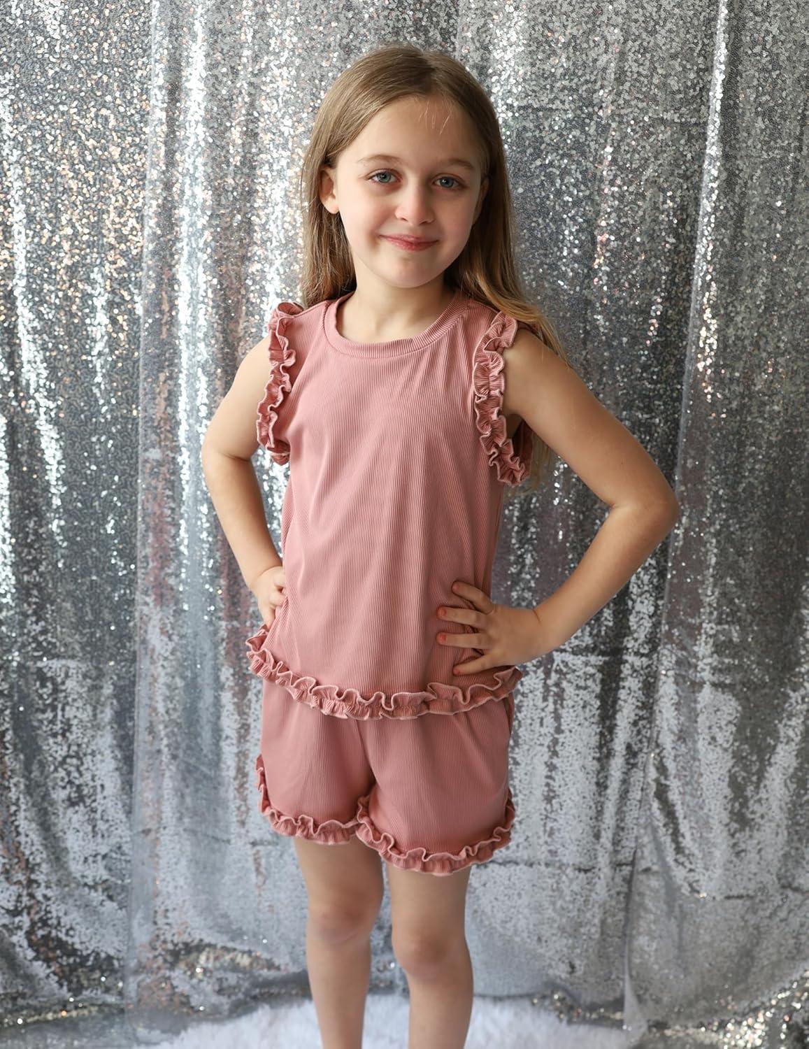 image:imageArshiner Toddler Girls Clothes Ribbed Knit Ruffle Sleeveless Tops and Shorts with Pockets Cute Summer 2 Pieces Short SetsPink