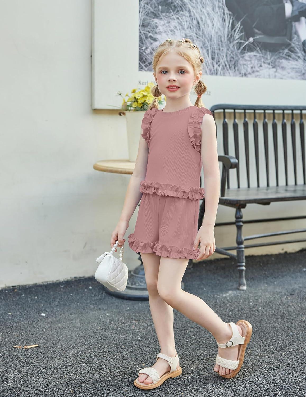 image:imageArshiner Toddler Girls Clothes Ribbed Knit Ruffle Sleeveless Tops and Shorts with Pockets Cute Summer 2 Pieces Short SetsPink