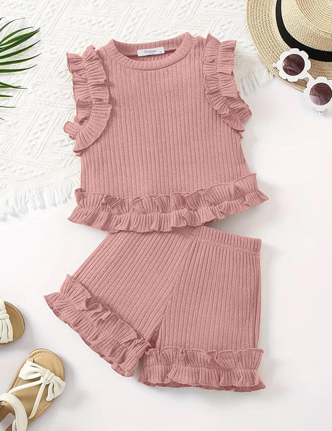 image:imageArshiner Toddler Girls Clothes Ribbed Knit Ruffle Sleeveless Tops and Shorts with Pockets Cute Summer 2 Pieces Short SetsPink