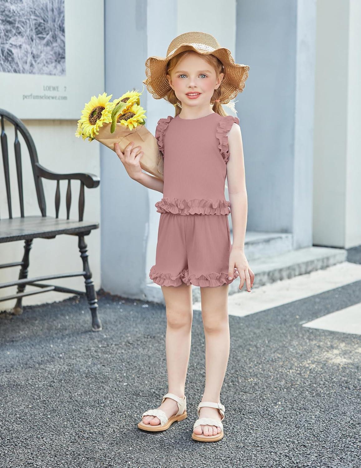 image:imageArshiner Toddler Girls Clothes Ribbed Knit Ruffle Sleeveless Tops and Shorts with Pockets Cute Summer 2 Pieces Short SetsPink