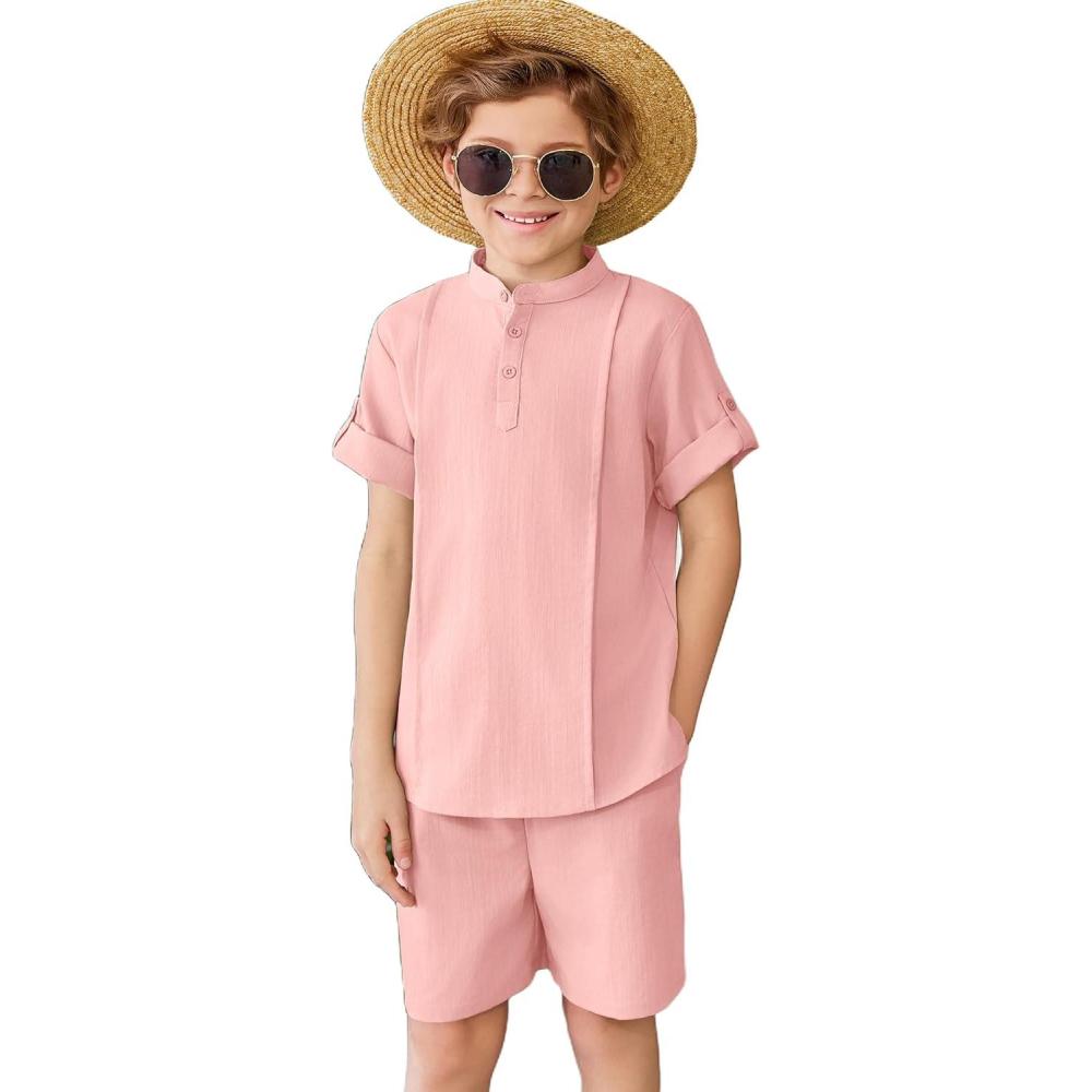 image:imageArshiner Boys 2 Pieces Linen Sets Short Sleeve Henley Shirt and Shorts Summer Beach Matching Outfits 412 YearsLight Pink