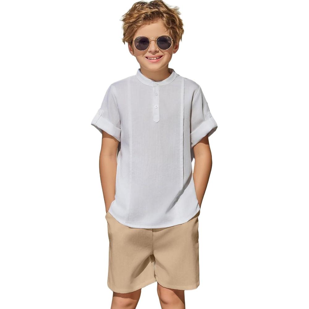 image:imageArshiner Boys 2 Pieces Linen Sets Short Sleeve Henley Shirt and Shorts Summer Beach Matching Outfits 412 YearsWhite Khaki