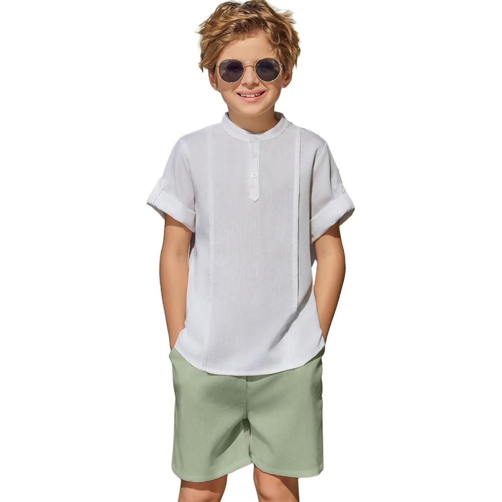 image:imageArshiner Boys 2 Pieces Linen Sets Short Sleeve Henley Shirt and Shorts Summer Beach Matching Outfits 412 YearsWhite Light Green