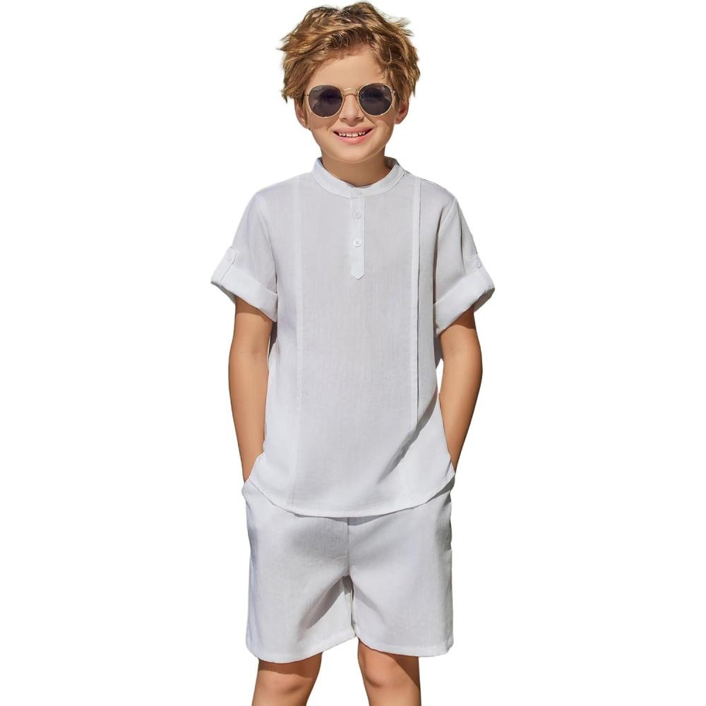image:imageArshiner Boys 2 Pieces Linen Sets Short Sleeve Henley Shirt and Shorts Summer Beach Matching Outfits 412 YearsWhite