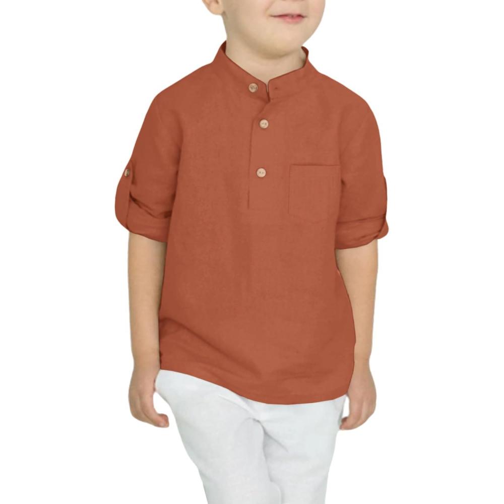 image:imageArshiner Boys Cotton Linen Henley Shirt Button Down Shirt Long Sleeve T Shirt Beach Shirt Tee Casual Solid TopsRust