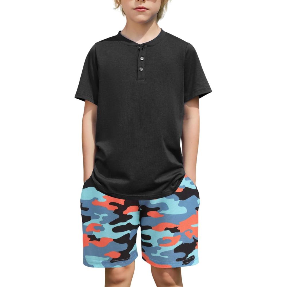 image:imageArshiner Boys Summer Clothing Sets 3button Short Sleeve Tee and Shorts Casual Outfits for 512 YearsBlack Blue Camo