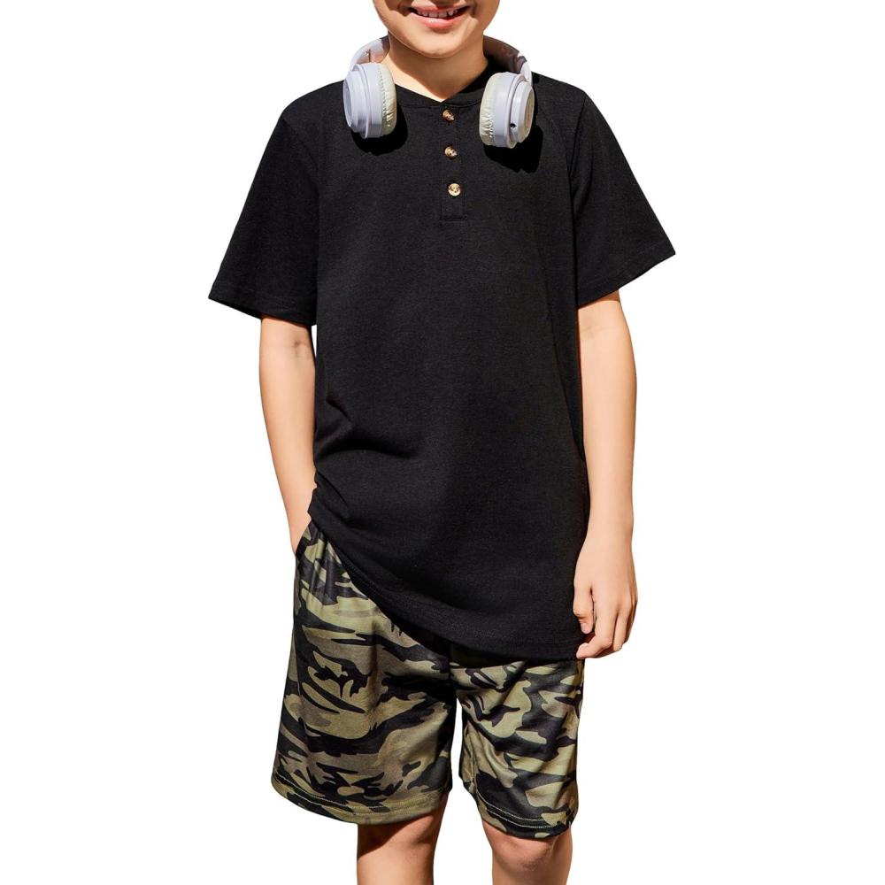 image:imageArshiner Boys Summer Clothing Sets 3button Short Sleeve Tee and Shorts Casual Outfits for 512 YearsBlack Camo