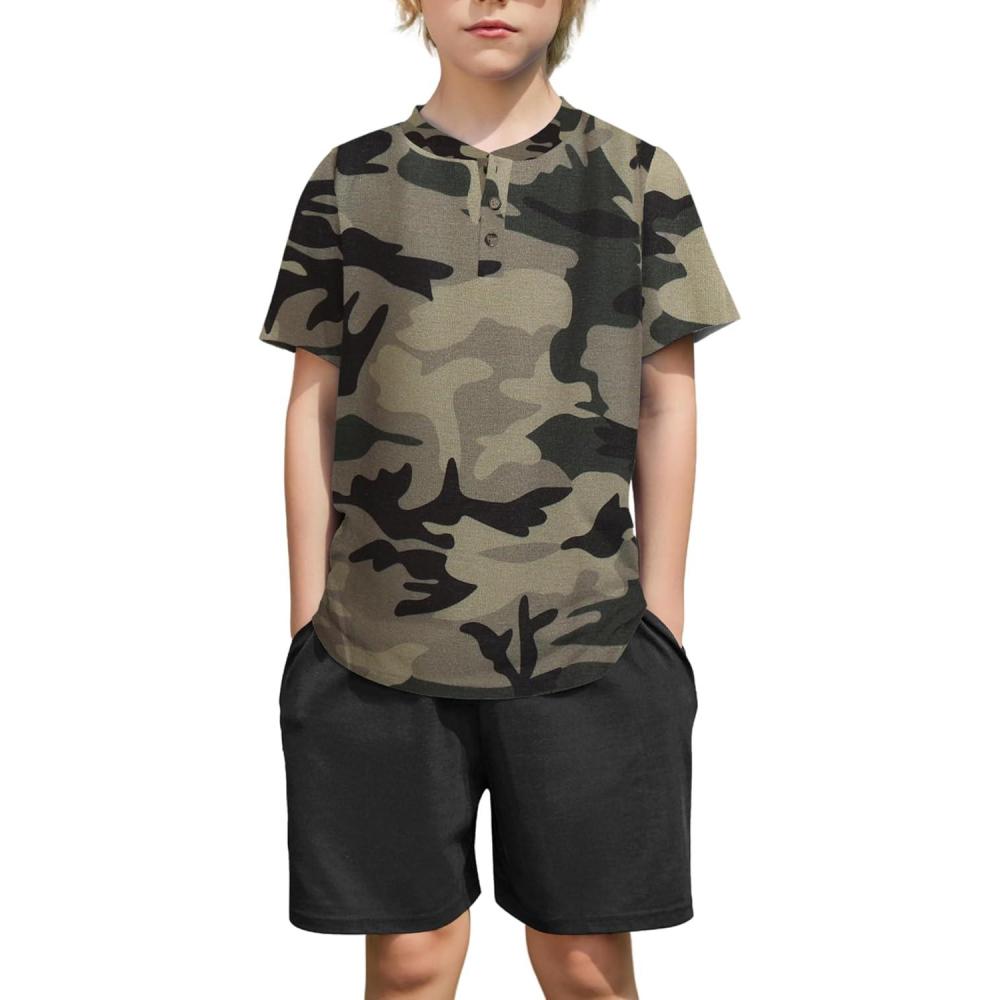 image:imageArshiner Boys Summer Clothing Sets 3button Short Sleeve Tee and Shorts Casual Outfits for 512 YearsCamo Black