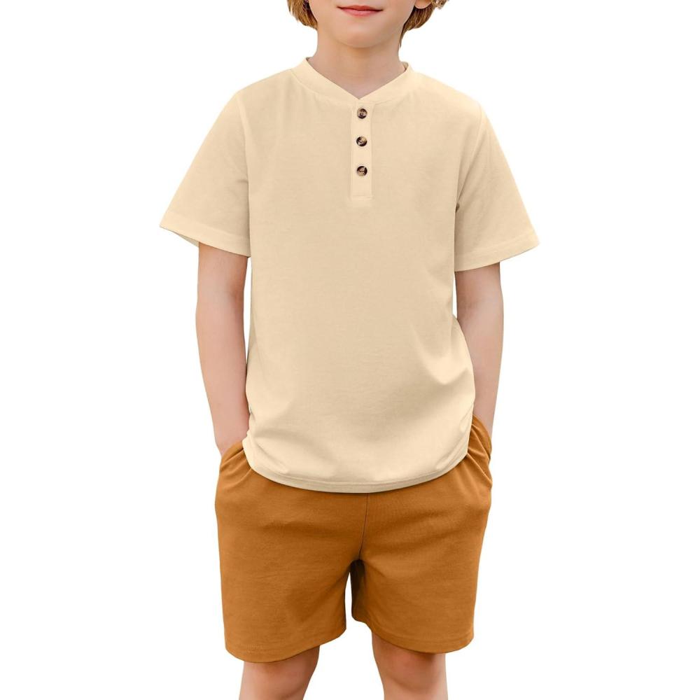 image:imageArshiner Boys Summer Clothing Sets 3button Short Sleeve Tee and Shorts Casual Outfits for 512 YearsCream  Brown